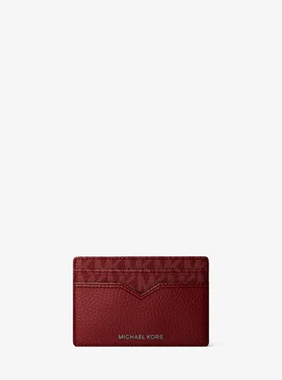 Michael Kors Hudson Pebbled Leather And Signature Logo Money Clip Card Case In Burgundy