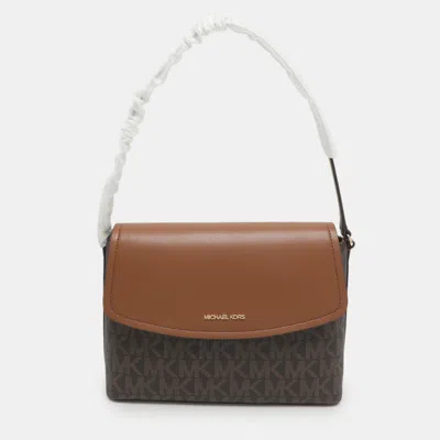 Pre-owned Michael Kors Ida Brown Signature Coated Canvas And Leather Shoulder Bag