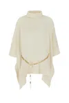 Michael Kors Wool Blend Poncho With Turtleneck And Chain Detail In Bone