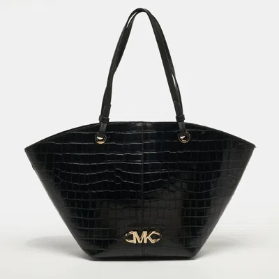 Pre-owned Michael Kors Izzy Black Croc Embossed Leather Tote