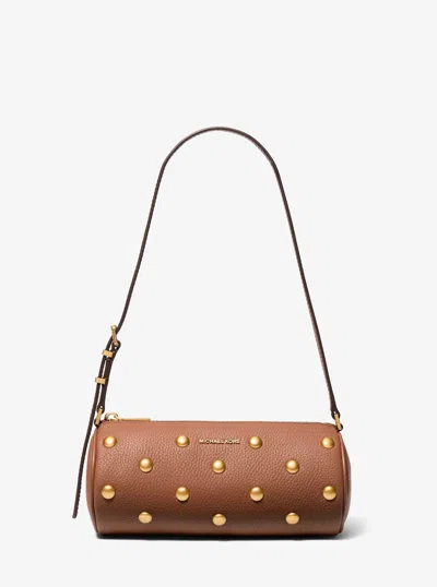 Michael Kors Izzy Small Studded Pebbled Leather Barrel Pochette In Brown