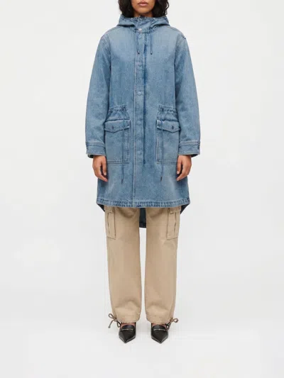 Michael Kors Long Denim Parka Hood Drawstring Waist Pockets In Blue