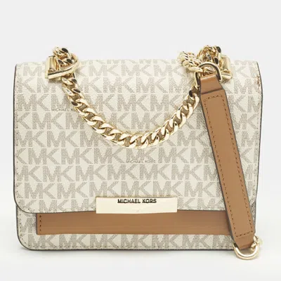 Pre-owned Michael Kors Jade White/brown Signature Coated Canvas And Leather Shoulder Bag