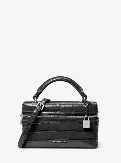 Michael Kors Jana Extra-small Crocodile Embossed Leather Crossbody Bag In Black