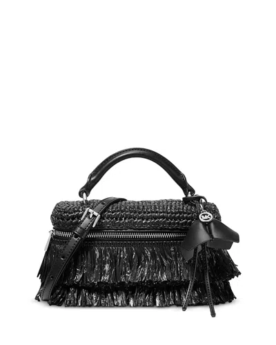 Michael Kors Jana Extra Small Fringed Raffia Crossbody Bag In Black