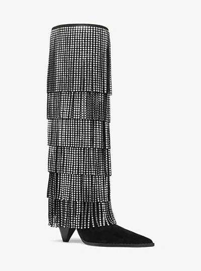 Michael Kors Jayla Embellished Leather Fringed Boot In Black