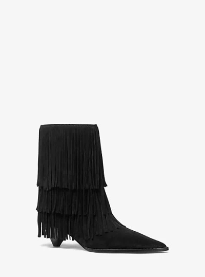 Michael Kors Jayla Suede Fringed  Ankle Boot In Black
