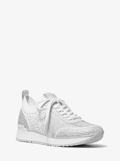 Michael Kors Jenkins Crystal Embellished Metallic Stretch Knit Trainer In Silver