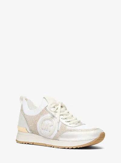 Michael Kors Jenkins Two-tone Metallic Stretch Knit Trainer In Gold