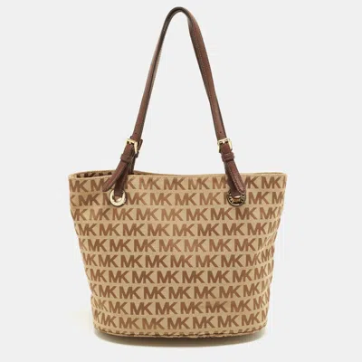 Pre-owned Michael Kors Jet Set Beige/brown Signature Canvas And Leather Tote