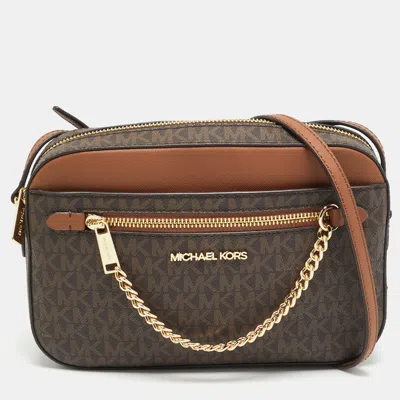 Pre-owned Michael Kors Jet Set Brown Signature Coated Canvas And Leather Crossbody Bag