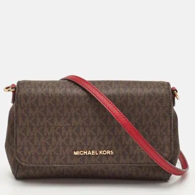 Pre-owned Michael Kors Jet Set Brown/red Signature Coated Canvas And Leather Crossbody Bag