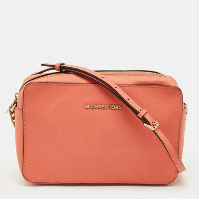 Pre-owned Michael Kors Jet Set Camera Peach Leather Crossbody Bag In Orange