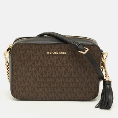 Pre-owned Michael Kors Jet Set Camera Tassel Brown/black Signature Coated Canvas Crossbody Bag