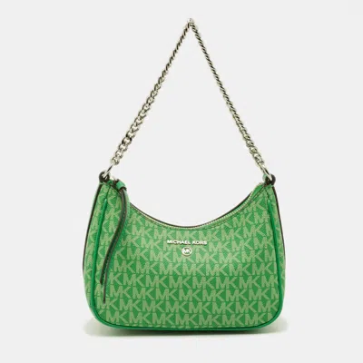 Pre-owned Michael Kors Jet Set Green Signature Coated Canvas Chain Pochette