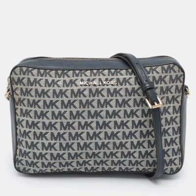 Pre-owned Michael Kors Jet Set Large Navy Blue Signature Canvas And Leather Crossbody Bag
