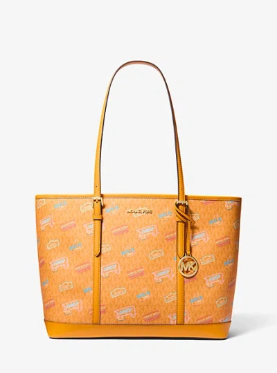 Michael Kors Jet Set Large Printed Signature Logo Tote Bag In Orange