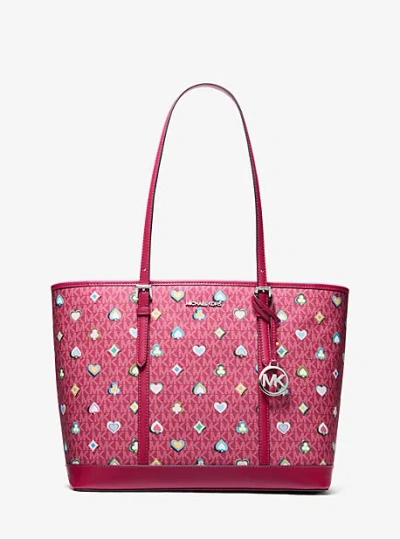 Michael Kors Jet Set Large Printed Signature Logo Tote Bag In Red