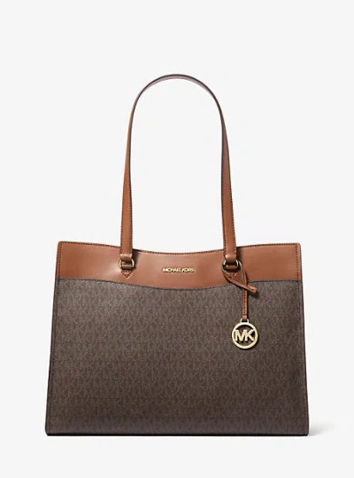 Michael Kors Jet Set Large Signature Logo Tote Bag In Brown