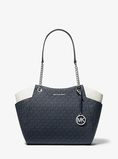 Michael Kors Jet Set Large Two-tone Signature Logo Shoulder Bag In Blue