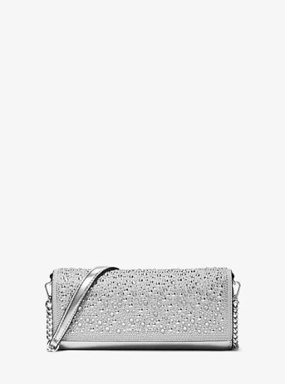 Michael Kors Jet Set Medium Embellished Leather Clutch In Silver