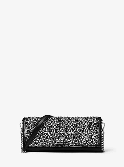 Michael Kors Jet Set Medium Embellished Metallic Leather Clutch In Black