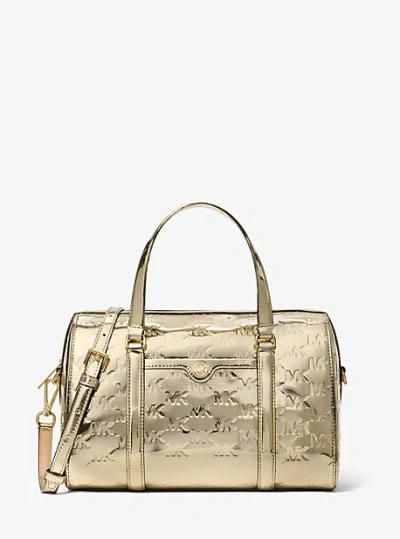 Michael Kors Jet Set Medium Metallic Logo Debossed Satchel In Gold