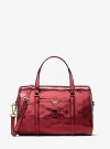 Michael Kors Jet Set Medium Metallic Logo Debossed Satchel In Red