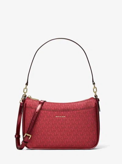 Michael Kors Jet Set Medium Metallic Signature Logo Convertible Crossbody Bag In Red