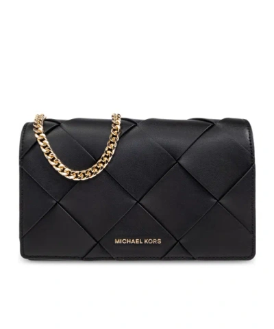 Michael Kors Jet Set Medium Woven Leather Crossbody Bag In Black