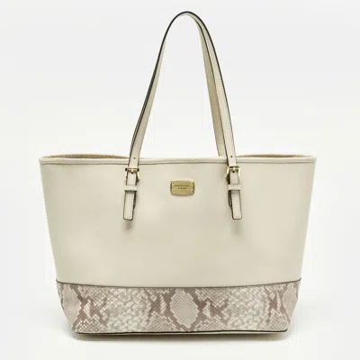 Pre-owned Michael Kors Jet Set Off White/grey Python Embossed And Leather Tote