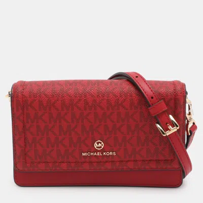 Pre-owned Michael Kors Jet Set Red Signature Canvas And Leather Wallet On Strap