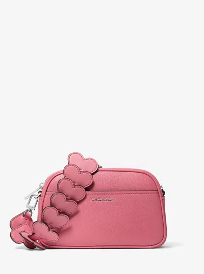 Michael Kors Jet Set Small Leather And Heart Embellished Strap Camera Crossbody Bag In Pink