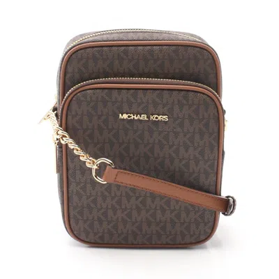 Michael Kors Jet Set Travel Brown Coated Canvas Leather Shoulder Bag Weekend Bag