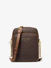 Michael Kors Jet Set Travel Brown Mk Signature Pvc Medium Flight Crossbody Bag In New Mk Brown/gold