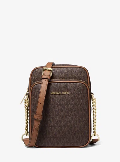 Michael Kors Jet Set Travel Brown Mk Signature Pvc Medium Flight Crossbody Bag In New Mk Brown/gold