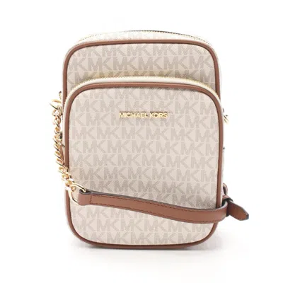 Michael Kors Jet Set Travel Brown White Coated Canvas Leather Shoulder Bag Weekend Bag