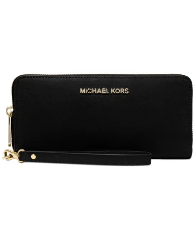 Michael Kors Jet Set Travel Continental Wallet In Black,gold