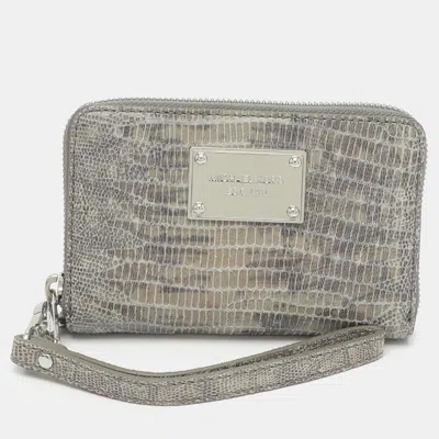 Pre-owned Michael Kors Jet Set Travel Grey Lizard Embossed Leather Compact Wallet