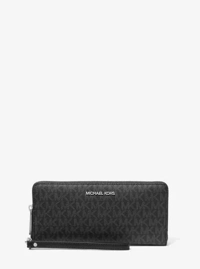 Michael Kors Jet Set Travel Large Signature Logo Continental Wallet In Black