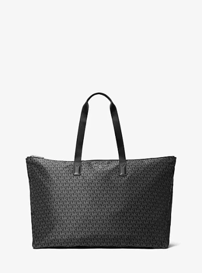 Michael Kors Jet Set Travel Large Signature Logo Print Woven Tote Bag In Black
