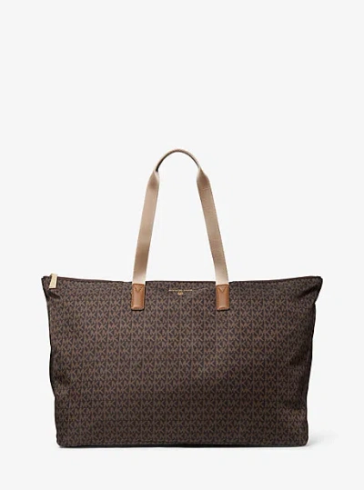 Michael Kors Jet Set Travel Large Signature Logo Print Woven Tote Bag In Brown