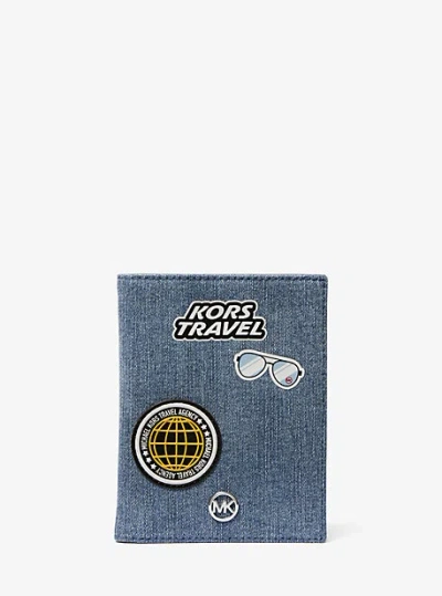 Michael Kors Jet Set Travel Medium Embellished Denim Passport Case In Blue