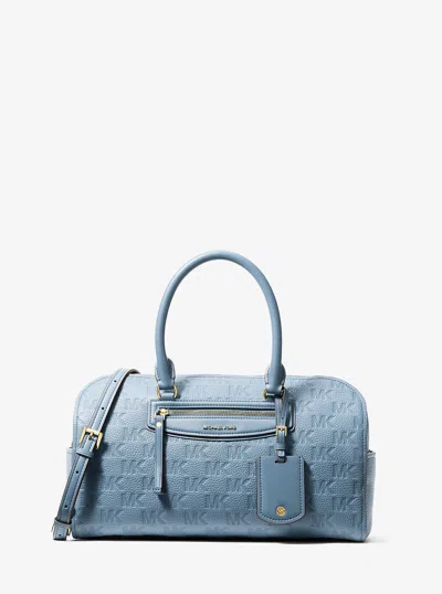 Michael Kors Jet Set Travel Medium Logo Embossed Leather Duffel Crossbody Bag In Blue