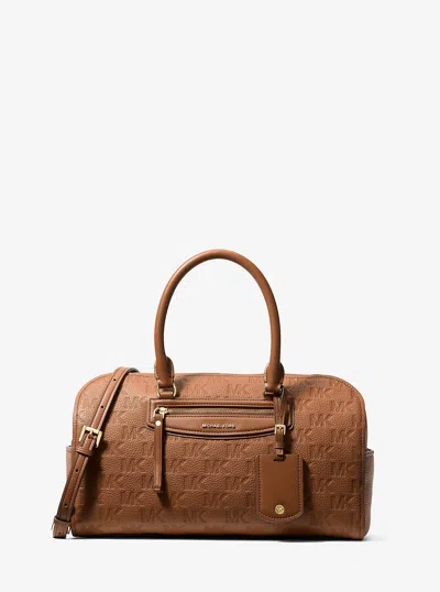Michael Kors Jet Set Travel Medium Logo Embossed Leather Duffel Crossbody Bag In Brown
