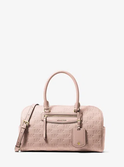 Michael Kors Jet Set Travel Medium Logo Embossed Leather Duffel Crossbody Bag In Pink