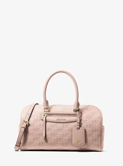 Michael Kors Jet Set Travel Medium Logo Embossed Leather Duffel Crossbody Bag In Pink