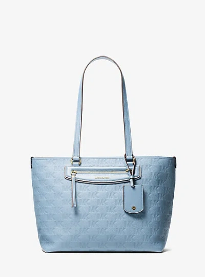 Michael Kors Jet Set Travel Medium Logo Embossed Leather Tote Bag In Blue