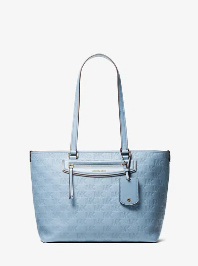 Michael Kors Jet Set Travel Medium Logo Embossed Leather Tote Bag In Blue
