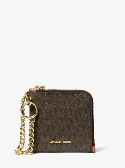 Michael Kors Jet Set Travel Signature Logo Chain Wallet In Brown
